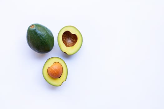 Avocado on white background. Heart shape, Copy space