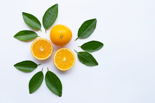 Fresh orange citrus fruit with leaves isolated on white background.  Top view