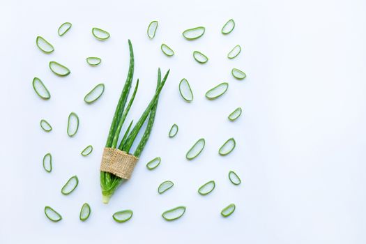 Aloe Vera and aloe vera sliced isolated on white background, Copy space