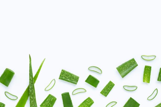 Aloe Vera cut pieces with slices on  white background. Copy space