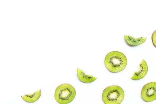 Kiwi fruit slices isolated on white background. Copy space