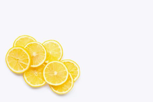 Fresh lemon  slices on white background. Copy space