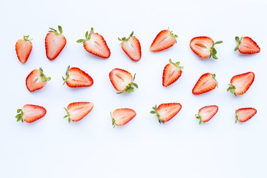 Ripe strawberries on white background. Copy space