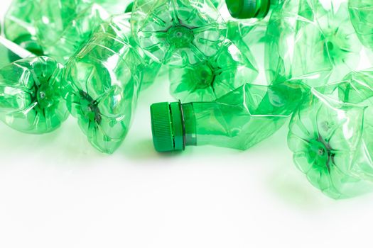 Plastic bottles on white background. Copy space