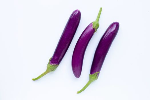 Fresh eggplant on white background. copy space