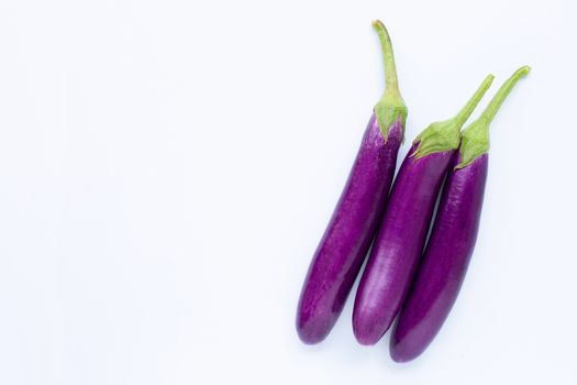 Fresh eggplant on white background. copy space