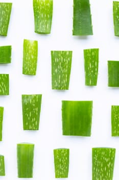 Aloe Vera leaves cut pieces on  white background. Top view