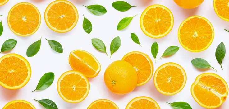 Fresh orange citrus fruit with leaves isolated on white background. Juicy and sweet