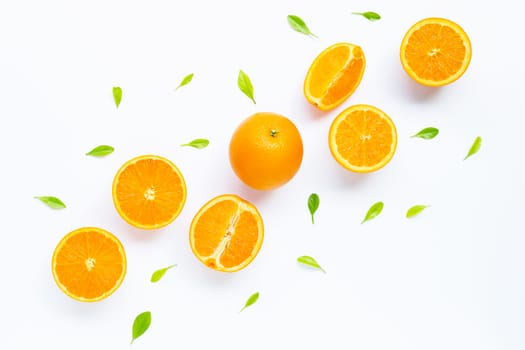 Fresh orange citrus fruit with leaves isolated on white background. Juicy and sweet
