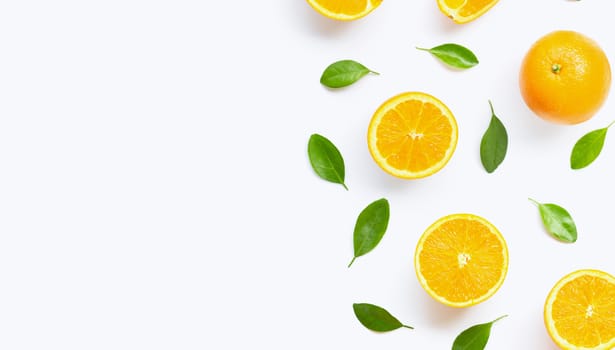 Fresh orange citrus fruit with leaves isolated on white background. Juicy and sweet