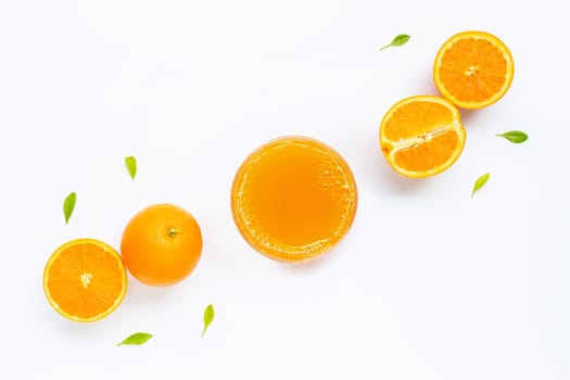Fresh orange juice with orange fruit on white background. Top view
