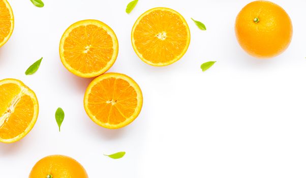 Fresh orange citrus fruit with leaves isolated on white background. Juicy and sweet