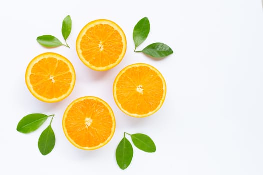 Fresh orange citrus fruit with leaves isolated on white background. Juicy and sweet