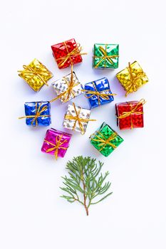 Merry Christmas and Happy Holidays, Christmas composition. gifts, pine branches on white background. 