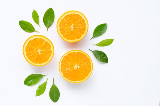 Fresh orange citrus fruit with leaves isolated on white background. Juicy and sweet
