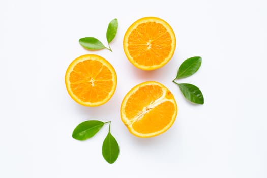 Fresh orange citrus fruit with leaves isolated on white background. Juicy and sweet
