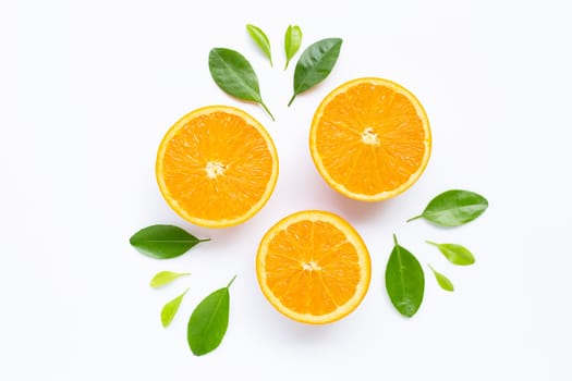 Fresh orange citrus fruit with leaves isolated on white background. Juicy and sweet