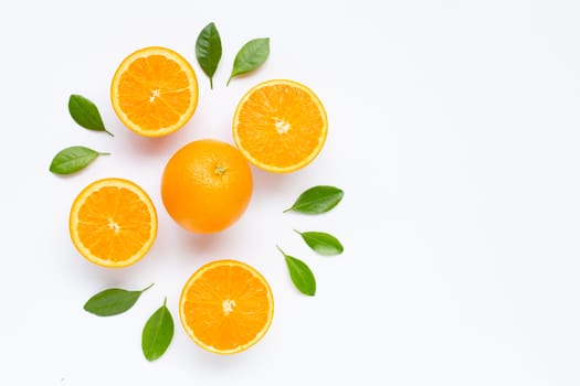 Fresh orange citrus fruit with leaves isolated on white background. Juicy and sweet