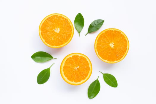 Fresh orange citrus fruit with leaves isolated on white background. Juicy and sweet