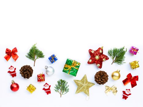 Merry Christmas and Happy Holidays, Christmas composition. gifts, pine branches and decorations on white background.