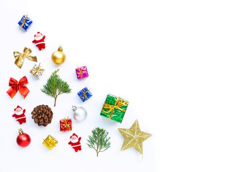 Merry Christmas and Happy Holidays, Christmas composition. gifts, pine branches and decorations on white background.