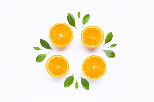 Fresh orange citrus fruit with leaves isolated on white background. Juicy and sweet