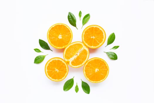Fresh orange citrus fruit with leaves isolated on white background. Juicy and sweet