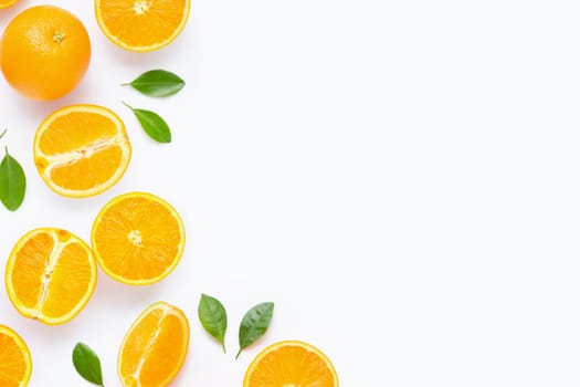 Fresh orange citrus fruit with leaves isolated on white background. Juicy and sweet
