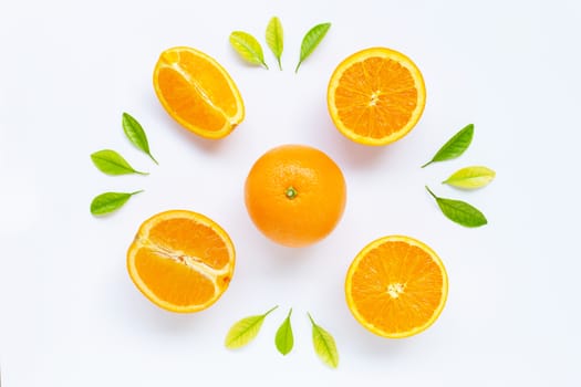 Fresh orange citrus fruit with leaves isolated on white background. Juicy and sweet