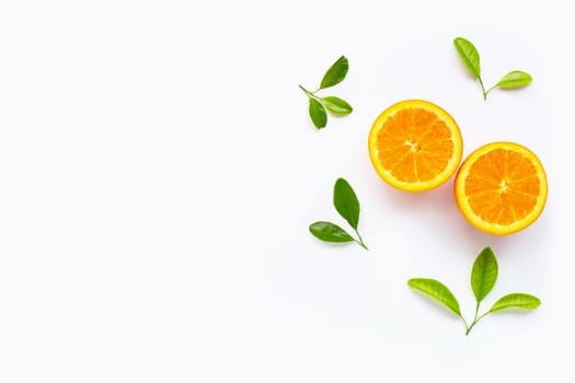 Fresh orange citrus fruit with leaves isolated on white background. Copy space