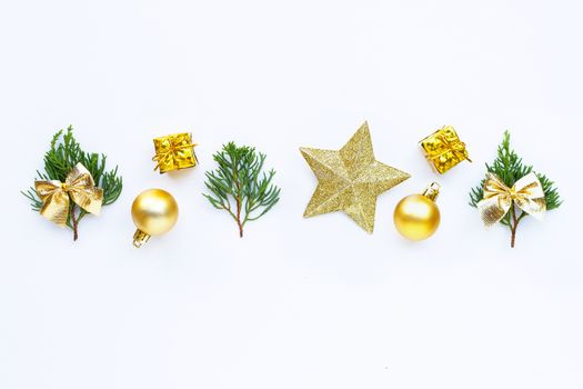 Merry Christmas and Happy Holidays, Christmas composition. gifts, pine branches and decorations on white background. Copy space