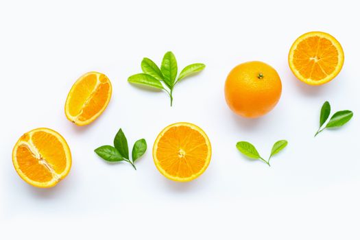 Fresh orange citrus fruit with leaves isolated on white background. Copy space