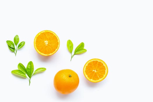 Fresh orange citrus fruit with leaves isolated on white background. Copy space