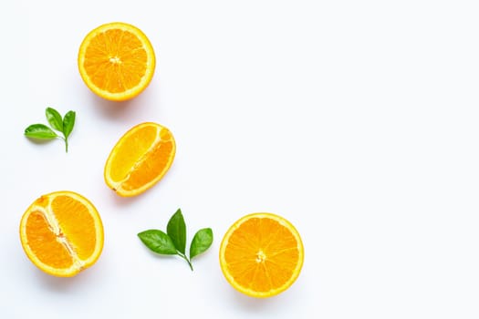 Fresh orange citrus fruit with leaves isolated on white background. Copy space