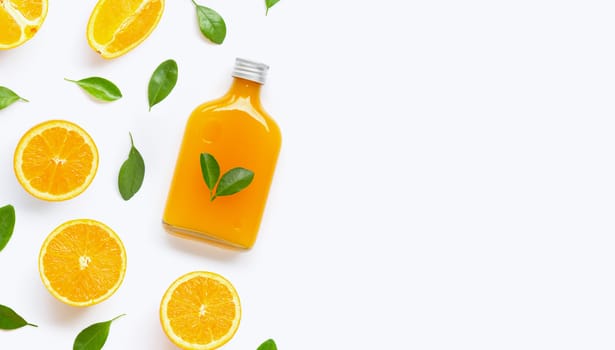 Fresh orange juice with orange fruit on white background. Top view