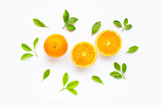 Fresh orange citrus fruit with leaves isolated on white background. Copy space