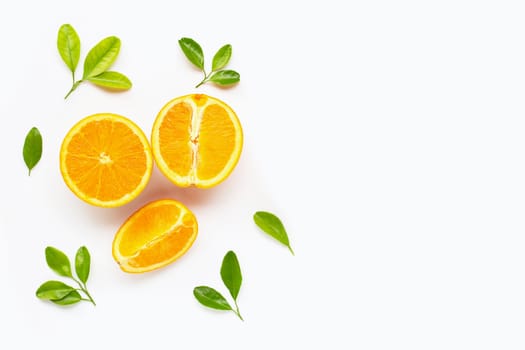 Fresh orange citrus fruit with leaves isolated on white background. Copy space