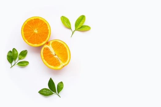 Fresh orange citrus fruit with leaves isolated on white background. Copy space