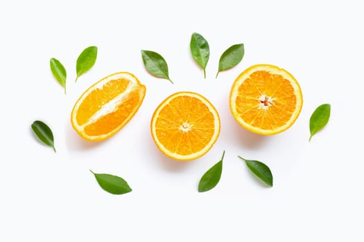 Fresh orange citrus fruit with leaves isolated on white background. Copy space