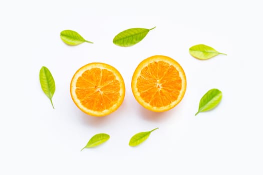 Fresh orange citrus fruit with leaves isolated on white background. Copy space