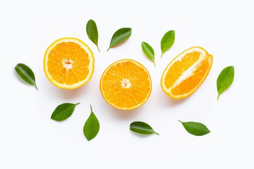 Fresh orange citrus fruit with leaves isolated on white background. Copy space