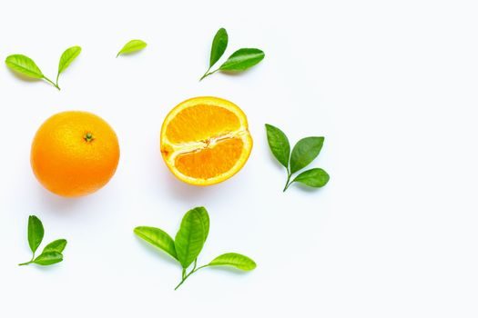 Fresh orange citrus fruit with leaves isolated on white background. Copy space