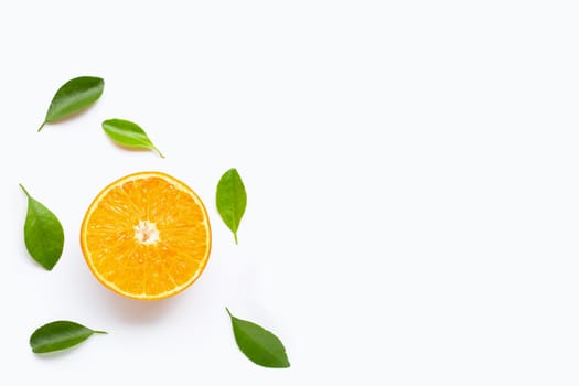Fresh orange citrus fruit with leaves isolated on white background. Copy space