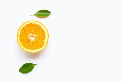 Fresh orange citrus fruit with leaves isolated on white background. Copy space