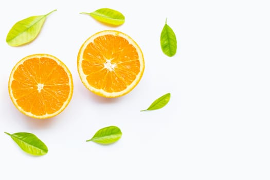 Fresh orange citrus fruit with leaves isolated on white background. Copy space