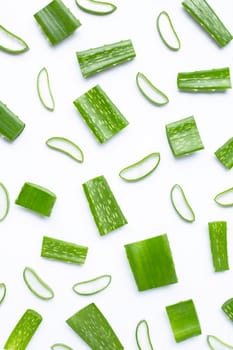 Aloe vera is a popular medicinal plant for health and beauty, white background.