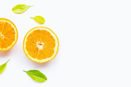 Fresh orange citrus fruit with leaves isolated on white background. Copy space