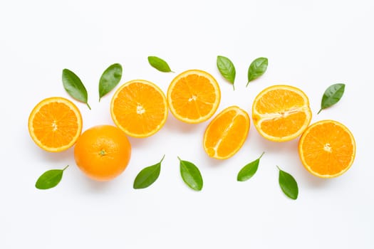Fresh orange citrus fruit with leaves isolated on white background. Juicy and sweet
