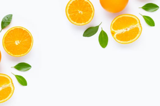 Fresh orange citrus fruit with leaves isolated on white background. Juicy and sweet