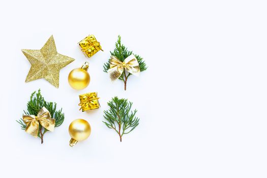 Merry Christmas and Happy Holidays, Christmas composition. gifts, pine branches and decorations on white background. Copy space